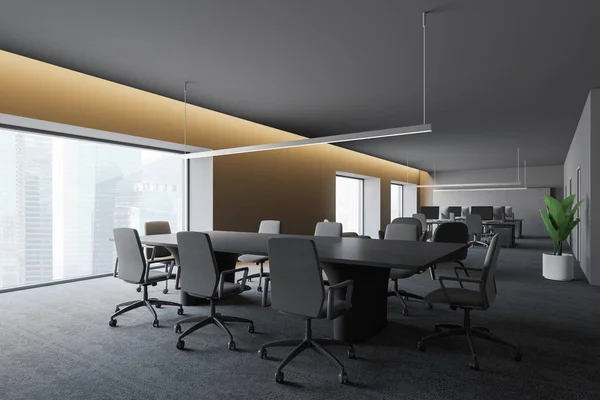 Moderní tmavá kancelář interiér s pracovním prostorem. 3D vykreslování. koncept úspěšného podnikání. — Stock fotografie