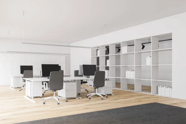 White open space office corner, carpet