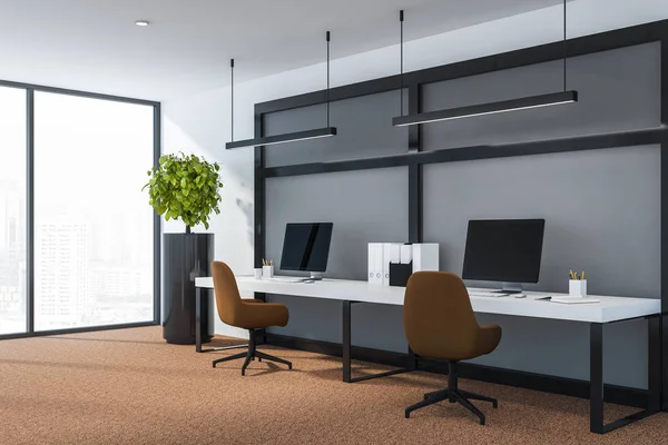 Сучасний темний офісний інтер'єр без людей і порожній робочий простір. 3D візуалізація — стокове фото