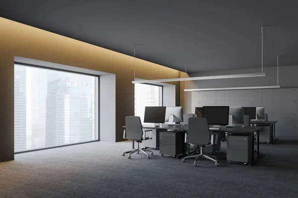 Interior moderno de oficina oscura con espacio de trabajo. Renderizado 3D —  Fotos de Stock