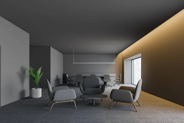 Современный дизайн темный офисный интерьер с рабочим пространством. 3D рендеринг — стоковое фото