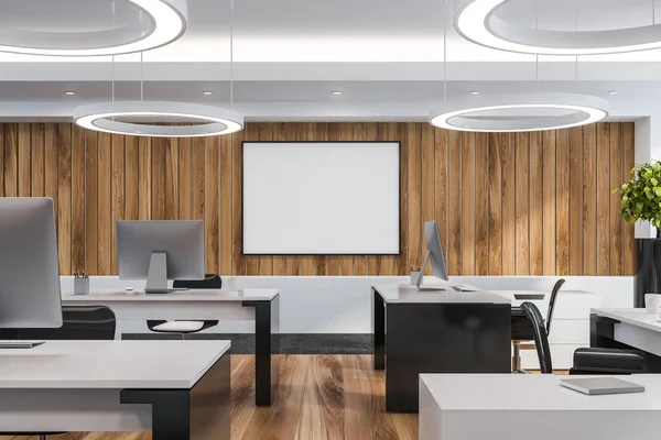 Moderno ufficio bianco vuoto interno con spazio di lavoro. Rendering 3D. Scherzi? — Foto Stock