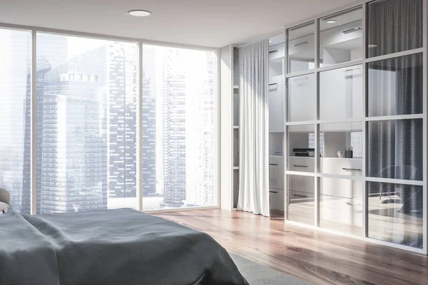 Elegante dormitorio interior con ropa de cama blanca de cama king size en moda. 3d renderizar . — Foto de Stock