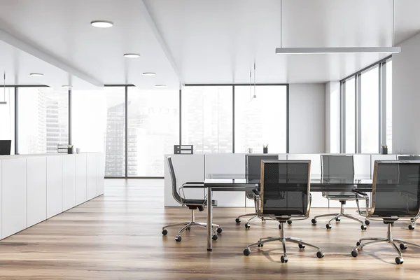 Modernes weißes, leeres Bürointerieur mit Tisch. 3D-Darstellung. — Stockfoto