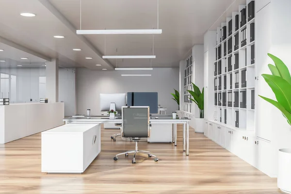 Modern fehér üres office belső ebédlő hely. 3D render. City view. — Stock Fotó