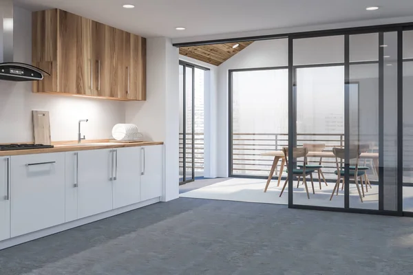 Moderní design kuchyně interiér s oknem a město veiw. 3D vykreslování. — Stock fotografie