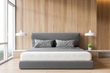 Modern tasarım ahşap yatak odası iç pencere ve Şehir Manzaralı.