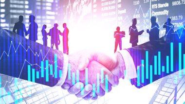 Forex grafik soyut bulanık office zemin üzerine el sıkışma.