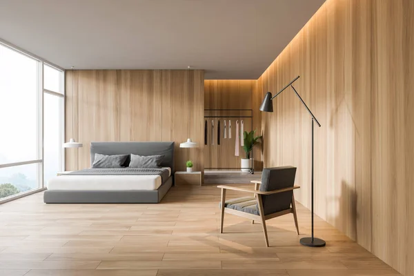 Modern tasarım ahşap yatak odası iç — Stok fotoğraf