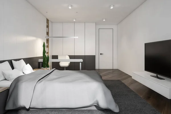 Moder beyaz ve gri yatak odası iç tasarım. — Stok fotoğraf