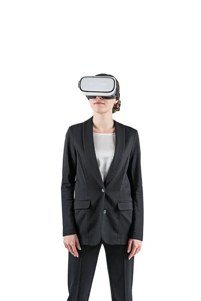 Businesswoman wearing black suit and VR glasses. — Stock Photo, Image