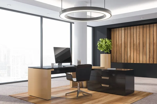 Modern wooden office interior with furniture.