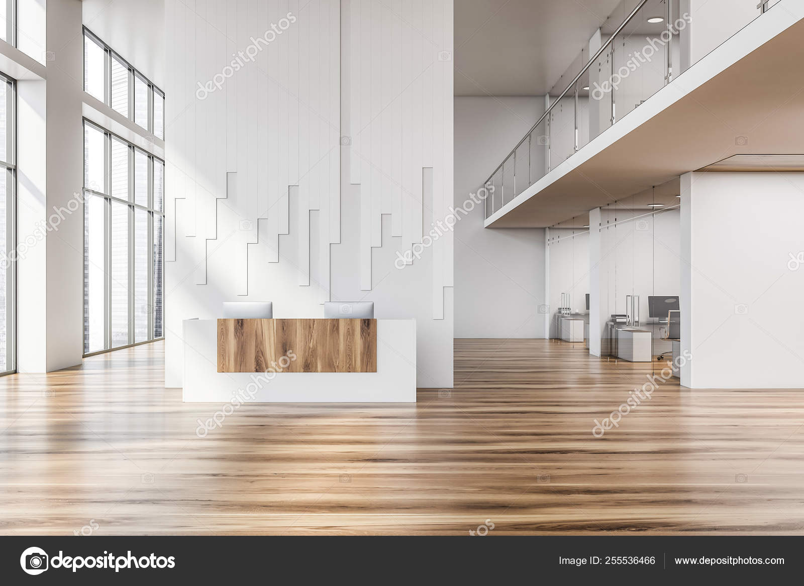 White And Wooden Reception Desk In Office Stock Photo