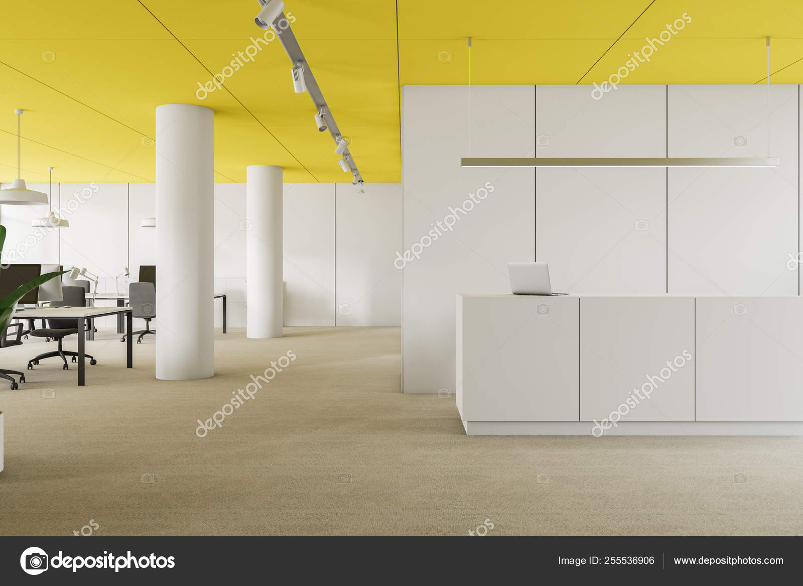 Front View Of Reception In Yellow Ceiling Office Stock