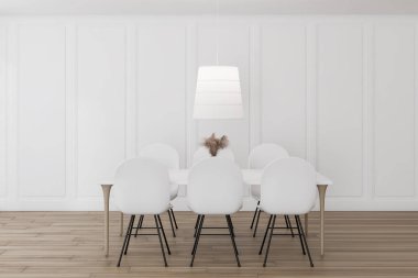 Beyaz sandalyeler ile beyaz yemek odası iç