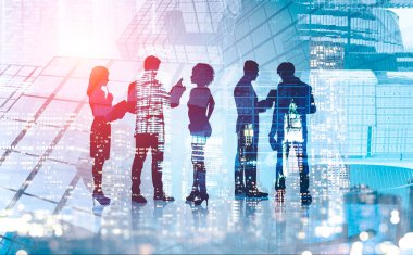 Modern şehirde iletişim kuran çeşitli iş ekibi