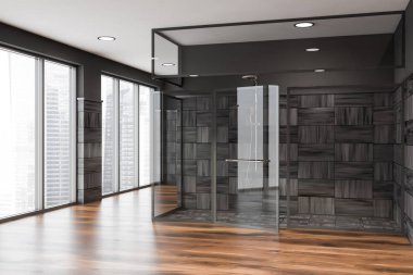 Modern design bathroom interior with window city view.