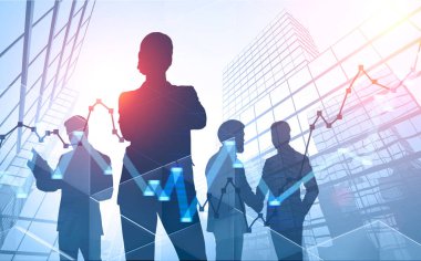 İş halkı siluetleri şehir, borsa