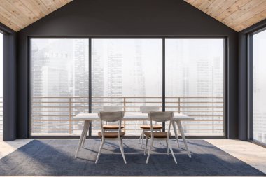 Büyük pencereler ve büyük şehir manzarası ile yemek odası iç.