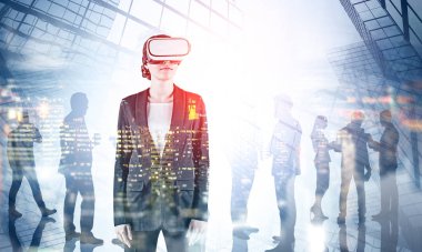 Woman in VR headset in city, teamwork clipart