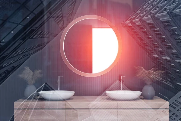 Modern design bathroom interior with circle mirror — Stock Photo, Image