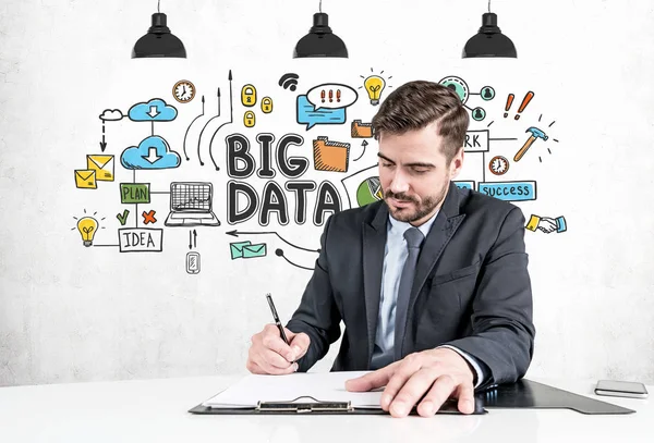 Man signing document, big data sketch — Stock Photo, Image