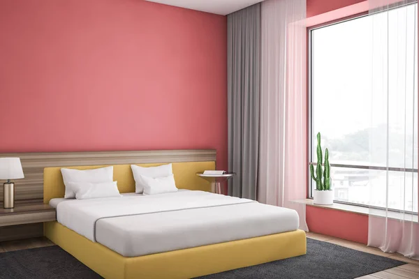 Modern design colored bedroom interior with window.