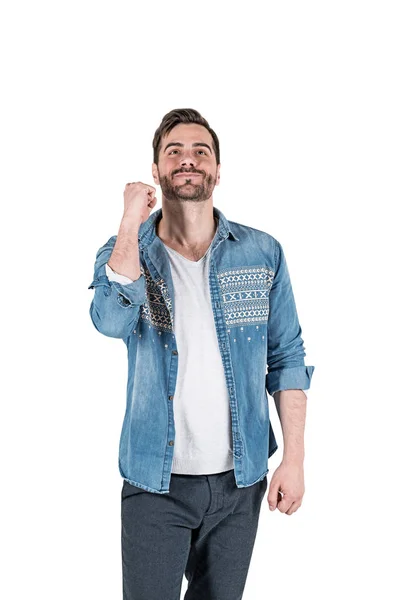 Homem de barba bonito mostrando gesto SIM. Isolado em branco backgr — Fotografia de Stock