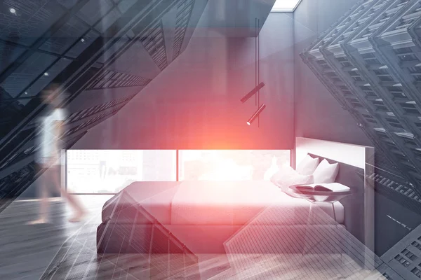 Kvinna går i grått sovrum interiör — Stockfoto
