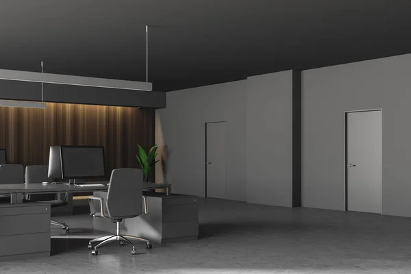 Modern grå kontors interiör med möbler. — Stockfoto