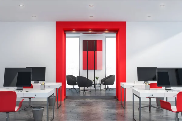 Red and white open space office