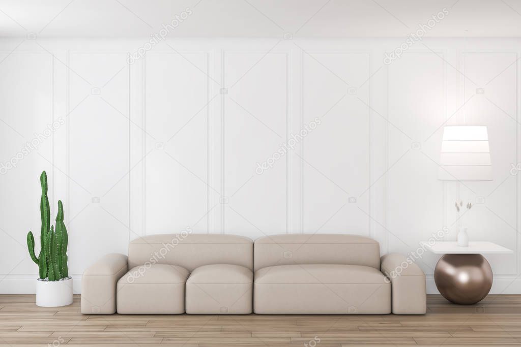 White living room with beige couch