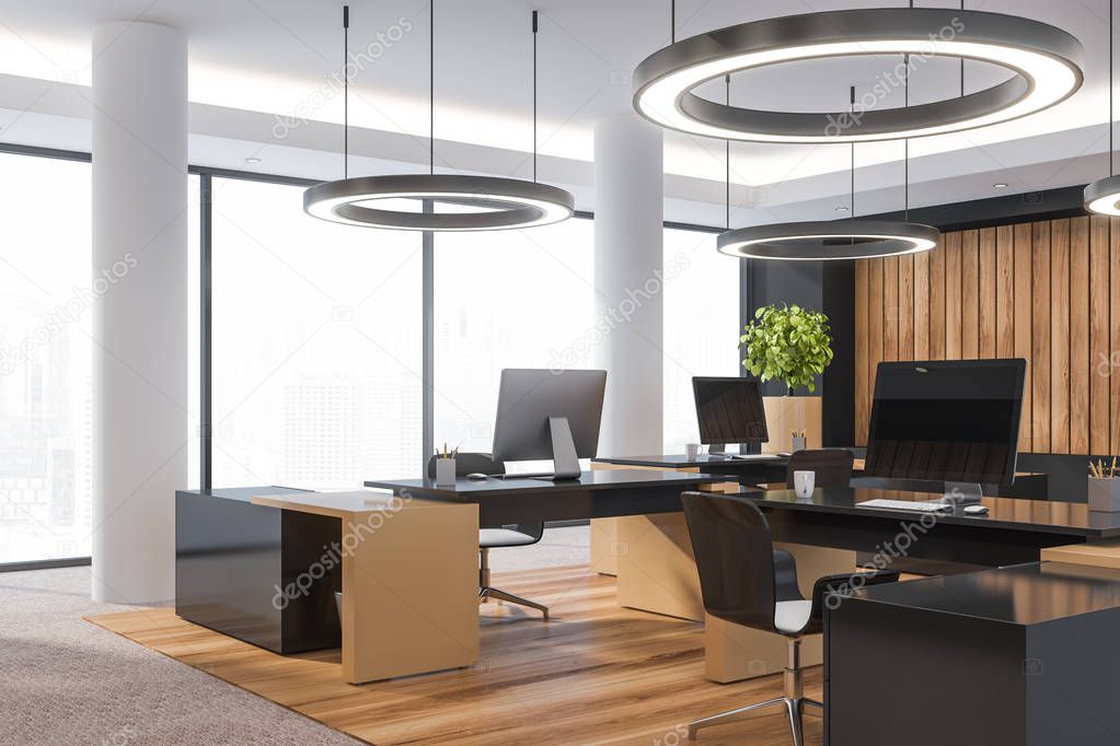 Modern wooden office interior with furniture. and city view.