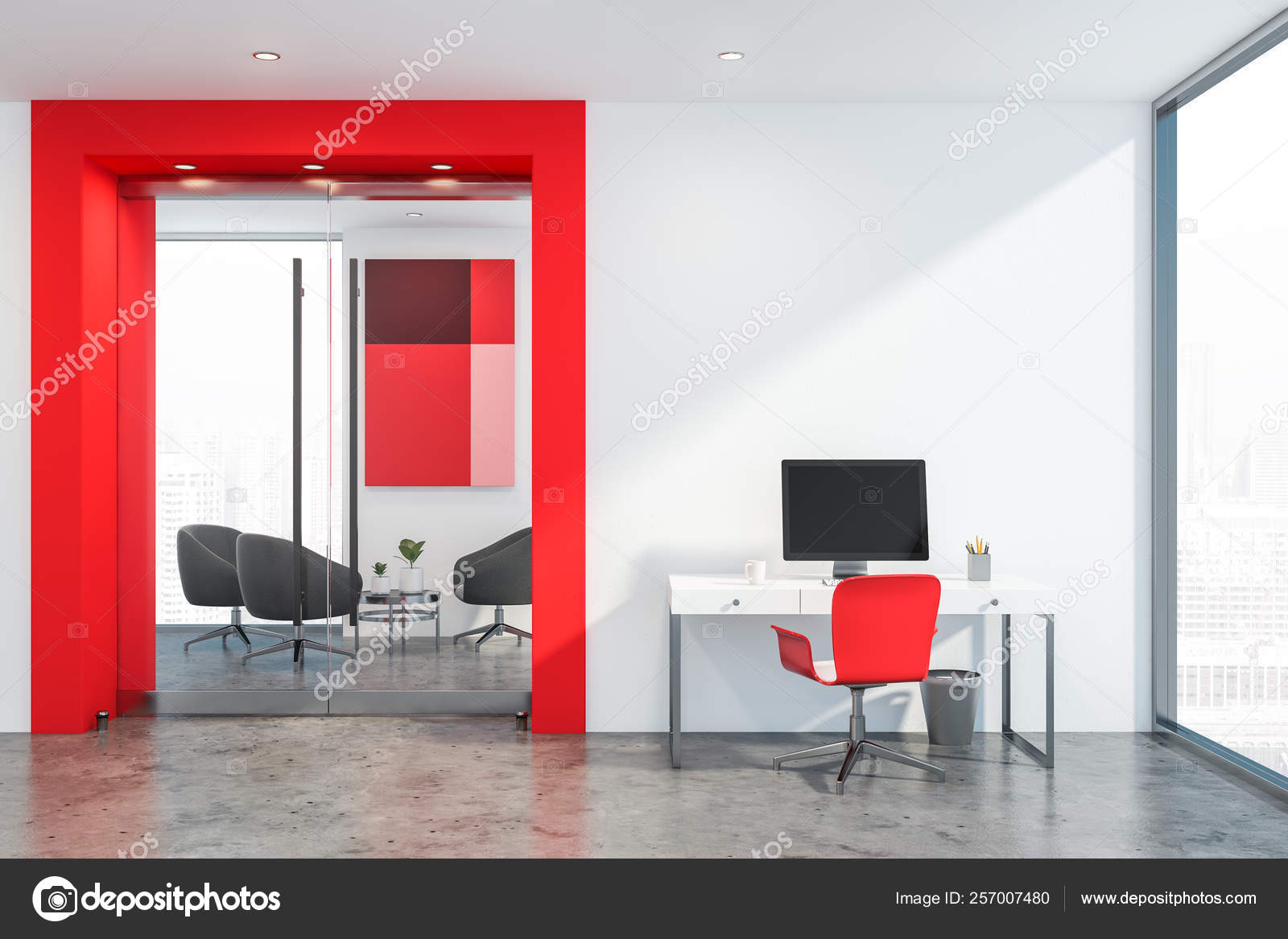 White And Red Office Waiting Room With Computer Stock Photo