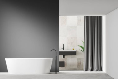 Lavabo ve küvet ile gri ve beyaz banyo