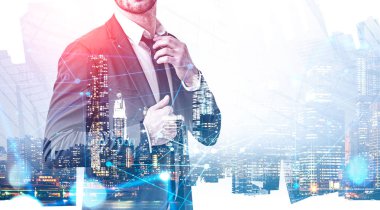 Şehirde işadamı sabitleme kravat, ağ hologram