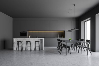 Bar ve yemek masası ile gri mutfak