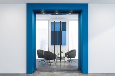 Beyaz ve mavi ofis bekleme odası