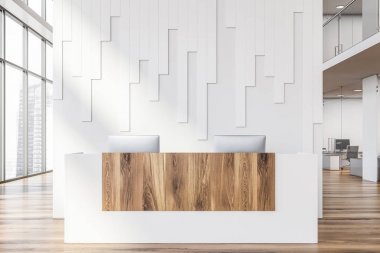 Beyaz ve ahşap resepsiyon masası