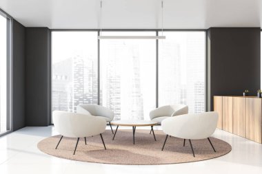 Beyaz ve ahşap ofis bekleme odası iç