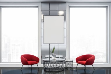 Kırmızı koltuklar ve poster ile lüks oturma odası