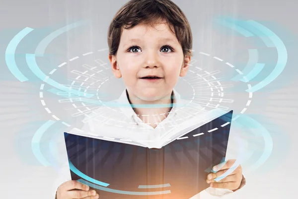 Little boy with book, digital education interface — Stock Photo, Image