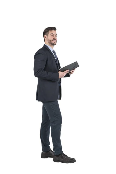 Empresário sorridente com livro, isolado — Fotografia de Stock