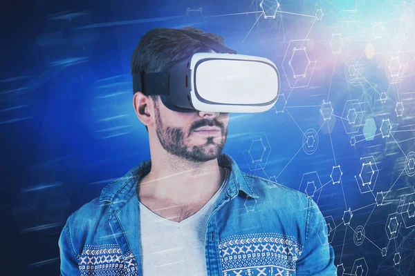 Casual man in VR headset, virtual interface