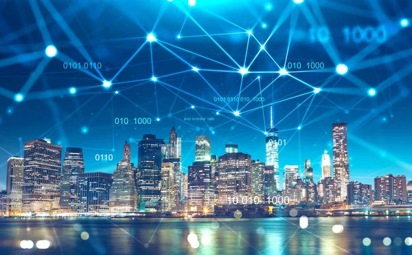 Dijital teknoloji ağı ile gece Cityscape