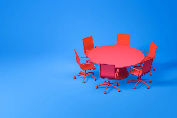 Set of red conference room furniture on blue