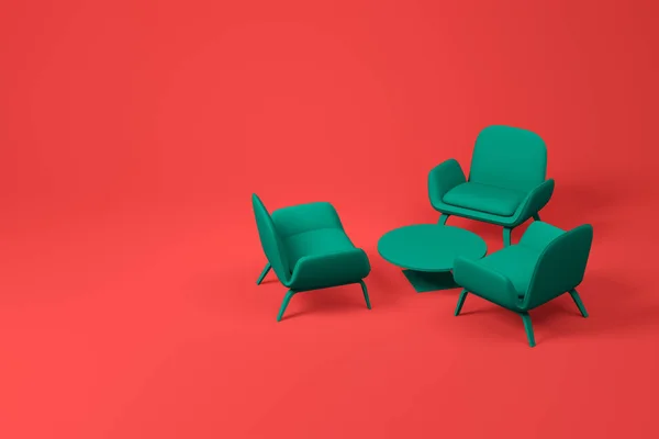 เฟอร์นิเจอร์ห้องนั่งเล่นสีเขียวตั้งอยู่บนสีแดง — ภาพถ่ายสต็อก