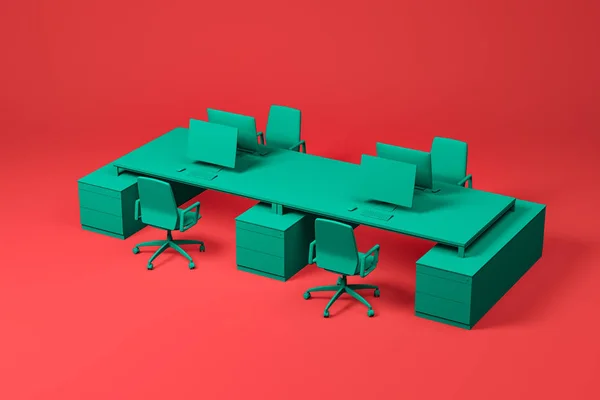 Зеленый большой компьютерный стол на красном — стоковое фото