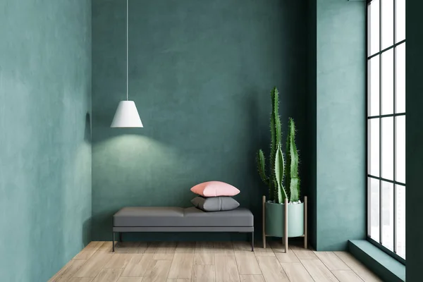 Green living room with bench and cushions