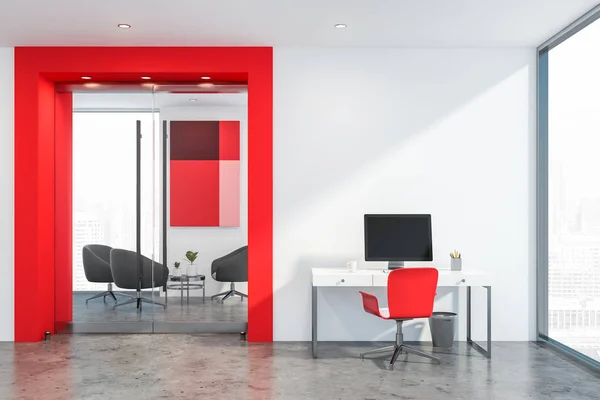 White and red office waiting room with computer